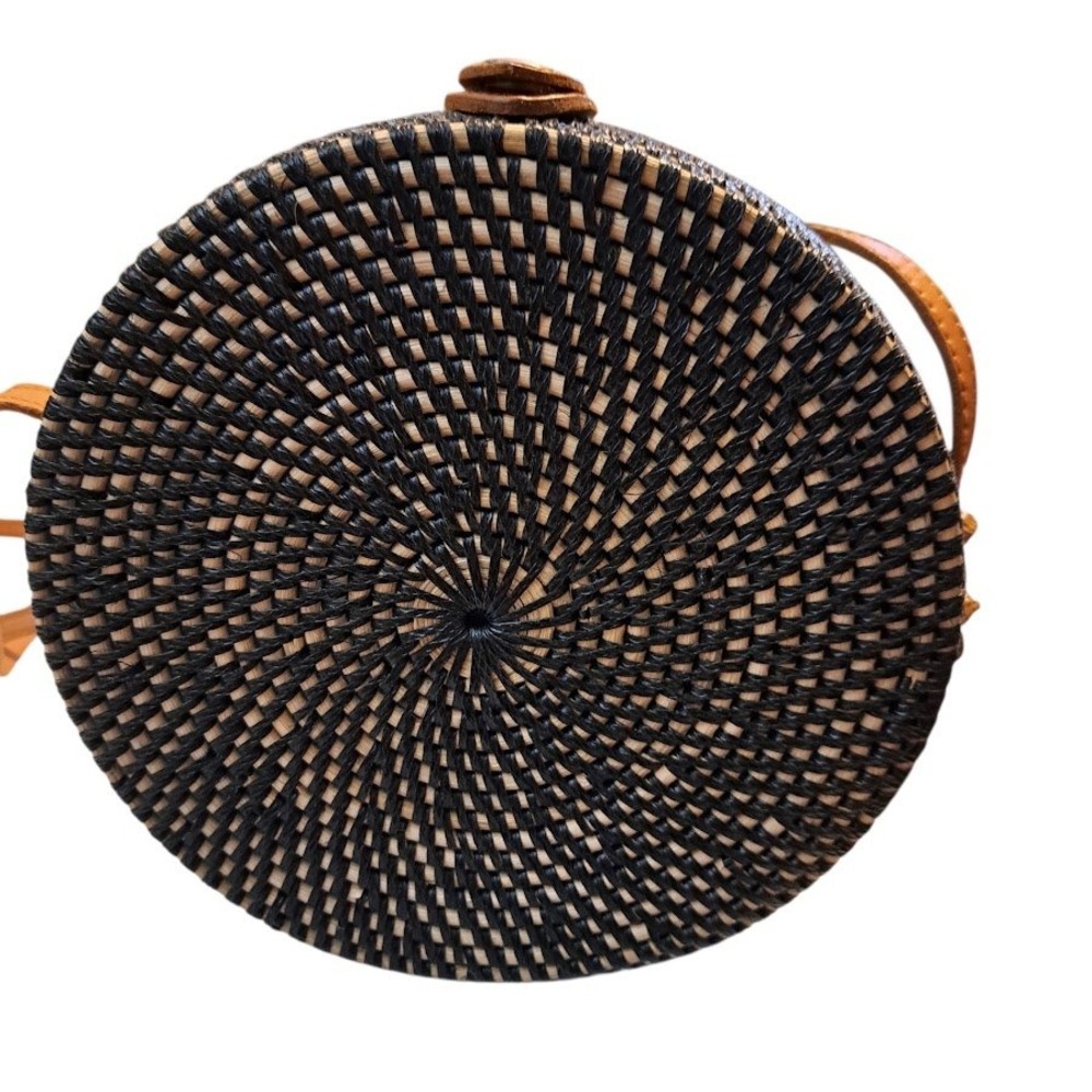 Handwoven Round Rattan Crossbody Bag Black Cream Woven Straw Batik Lining 8in - Picture 6 of 14